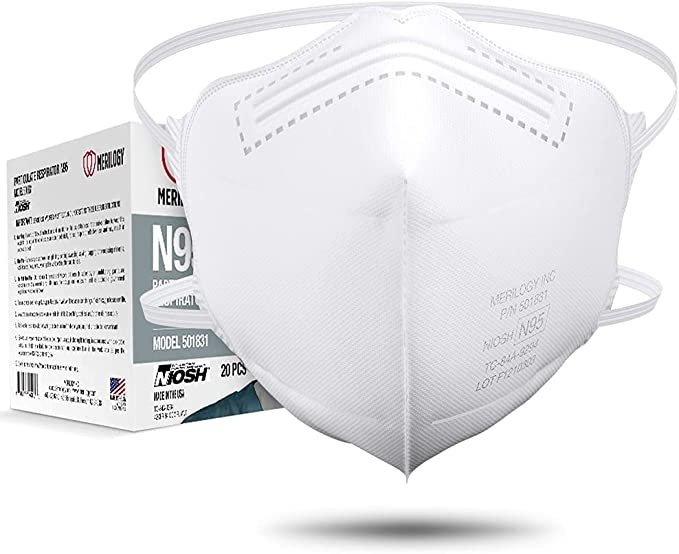 MERILOGY N95 Mask Respirator [Made in USA] NIOSH Certified N95 Particulate Respirator Masks (Pack of 20) - Not Suitable For Allergies, White, Adult (Model: ME501831)